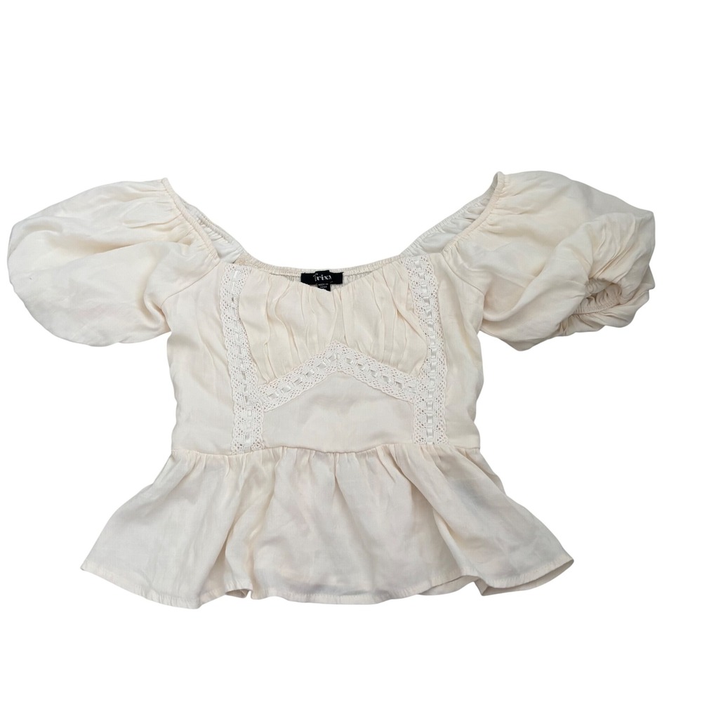Trixxi Ivory Puff Sleeve Peplum Top Crochet Lace Smocked Back Cottagecore Small